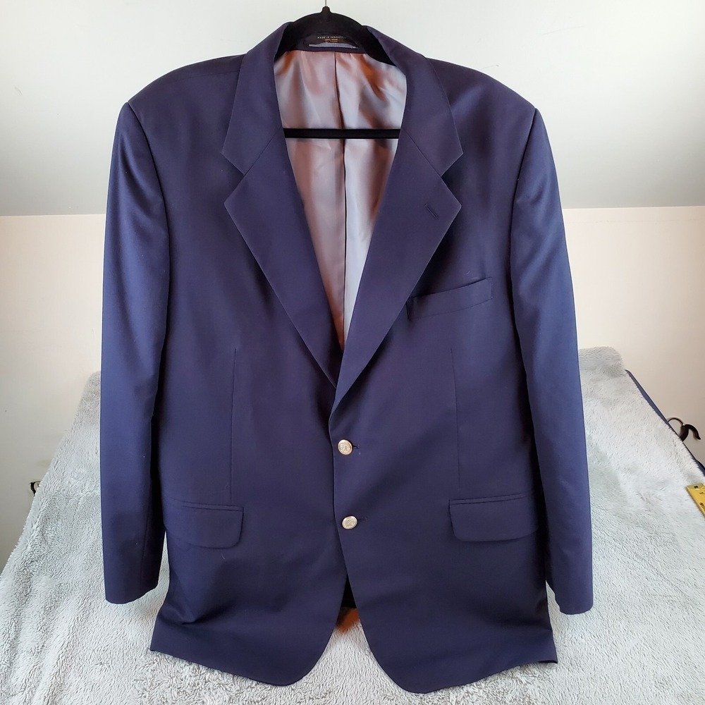 Today's Man Wool Blazer Mens 46R Two Button Crest Gold Tone Navy Blue Sport Coat